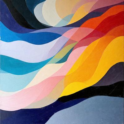 The primary subject of the image is a colorful painting featuring a variety of colors and patterns. The setting is a wall, and the visual style appears to be a combination of digital art and illustration. The dominant colors in the painting are blue, yellow, and orange, creating a vibrant and lively atmosphere.